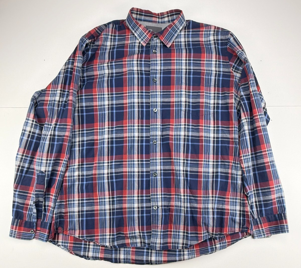 Vince Men's XXL Long Sleeve Plaid Casual Button Down Shirt Red Navy Blue Cotton